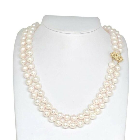 Diamond Akoya Pearl Necklace 8 mm 14k Gold 2-Strand Certified $9,750 010933 - Picture 1 of 8